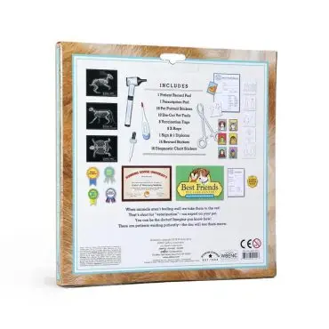 Back of veterinary playset package with included tools and stickers for imaginative pet care fun.