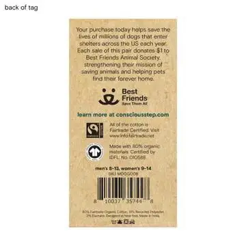 Back of a tag detailing a charitable donation for Best Friends Animal Society with purchase; promotes conscious consumerism.