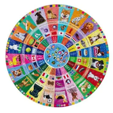 Colorful circular dog-themed puzzle with dog breeds, illustrations, and their barking sounds in different languages.