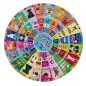 Colorful circular dog-themed puzzle with dog breeds, illustrations, and their barking sounds in different languages.