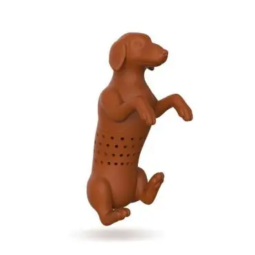 Brown dog-shaped tea infuser with perforated body design for brewing loose leaf tea.