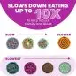 Infographic showing slow feeder bowls reducing eating speed to prevent obesity and bloat in pets, with various designs.