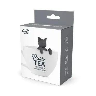 Box of Fred Purr Tea cat-shaped tea infuser in a white mug, perfect for adding fun to tea time.