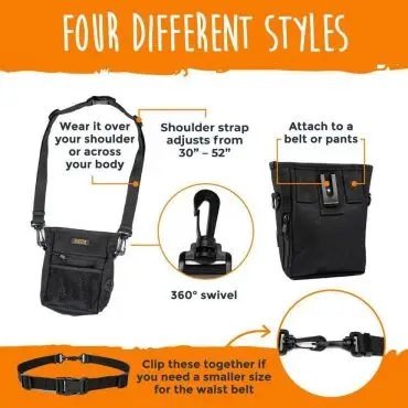 Four versatile styles of black shoulder bag with adjustable straps and belt attachment options for easy carrying.