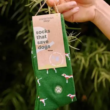 Green socks with dog pattern by Conscious Step, supporting animal welfare, held in front of leafy background.