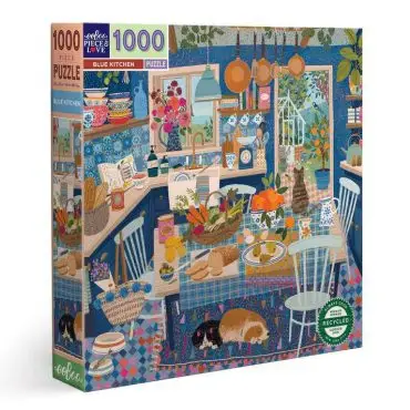 Blue kitchen puzzle box featuring a cozy, vibrant kitchen scene with plants and animals, 1000 pieces.
