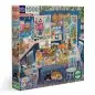 Blue kitchen puzzle box featuring a cozy, vibrant kitchen scene with plants and animals, 1000 pieces.