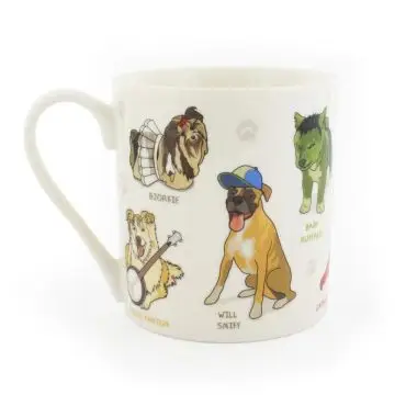 Colorful mug featuring illustrated dogs with playful names and accessories. Perfect for pet lovers and coffee enthusiasts.