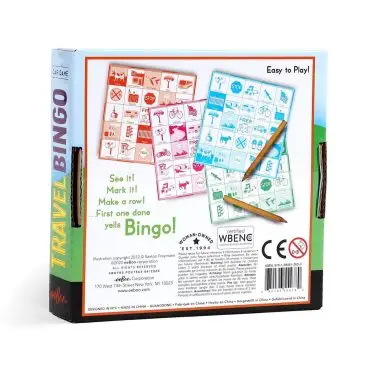 Box of Travel Bingo game with colorful cards and pencils, highlighting Easy to Play and Woman-Owned certification.