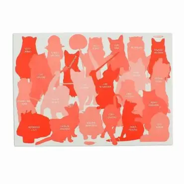Silhouettes of cats with playful celebrity-inspired names in a vibrant red and pink design.