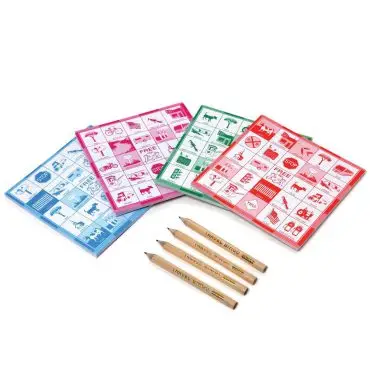 Colorful travel bingo cards with various symbols and four pencils, perfect for family road trip games and fun activities.