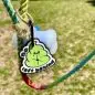 Dog waste bag holder on colorful rope with a No Poop Left Behind tag in grassy park setting.
