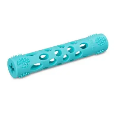 Blue dog chew toy with textured surface and hollow design for dental health and interactive play.