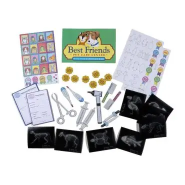 Children's veterinary playset with tools, animal x-rays, and pet care accessories for imaginative role-playing fun.