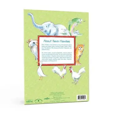Back cover of a book featuring colorful illustrations of farm animals and text about illustrator Kevin Hawkes.