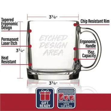 Glass mug with ergonomic design, 15oz capacity, laser-etched area, chip-resistant rim. Dishwasher safe, gift ready.
