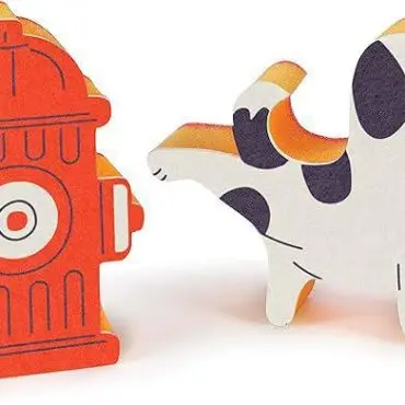 Illustrated dog lifting leg near red fire hydrant, playful cartoon style.