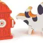 Illustrated dog lifting leg near red fire hydrant, playful cartoon style.