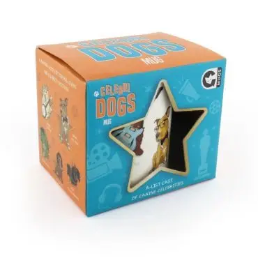 CelebriDOGS mug in colorful box features cartoon dogs dressed as celebrities. Perfect for dog lovers and gift-givers.