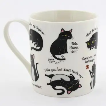 White mug with humorous black cat illustrations and captions expressing feline attitudes, like This. Means. War.