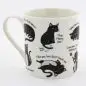 White mug with humorous black cat illustrations and captions expressing feline attitudes, like This. Means. War.