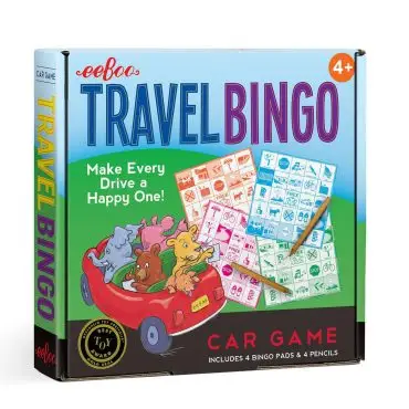 Travel Bingo game box featuring colorful cards and animals in a red car for kids aged 4 and up.