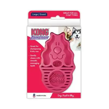 KONG ZoomGroom Dog Brush packaging, red color, ideal for shampooing and dry use, with massaging teeth, USA made.