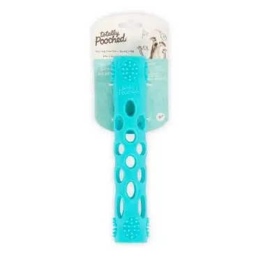 Blue dog chew toy with holes and textured surfaces, branded Totally Pooched on packaging, ideal for interactive play.
