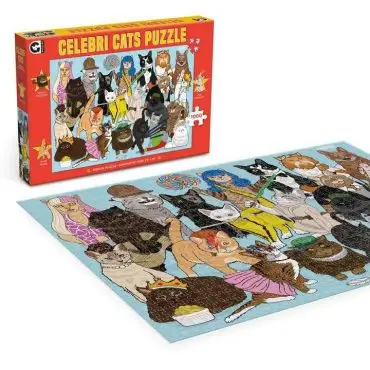 Celebri Cats Puzzle Box and Completed Puzzle: Cartoon Cats Dressed as Iconic Characters, 1000 Pieces, Colorful Design.