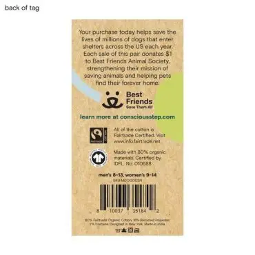 Back of Conscious Step tag promoting Fairtrade socks supporting Best Friends Animal Society with organic materials.