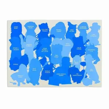 Silhouette artwork of celebrity dog puns in various shades of blue.