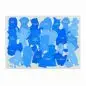 Silhouette artwork of celebrity dog puns in various shades of blue.