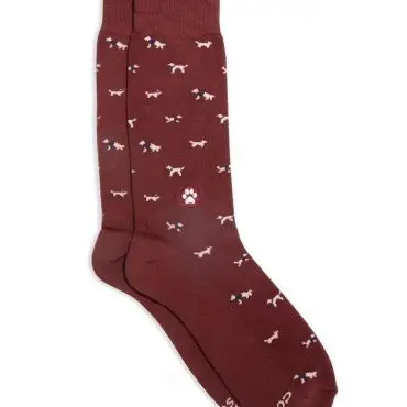 Brown socks with cute dog pattern and paw print design. Perfect for animal lovers.