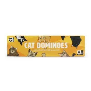 Cat Dominoes game box with illustrated cats, colorful design, and family game icons on yellow background.