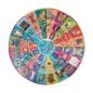 Round puzzle featuring various cat breeds and greetings in multiple languages. Bright, colorful, and informative design.