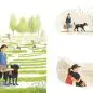 People and a guide dog in a park maze; dog also shown helping, swimming, and being hugged in different scenes.