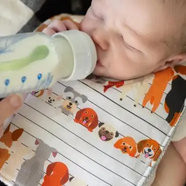 Baby drinking from a bottle wearing a colorful bib with cute dog prints.