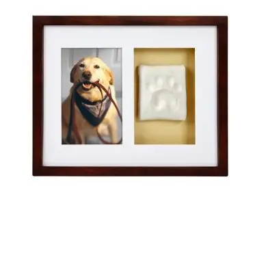Framed photo of a happy dog with a leash and a paw print keepsake in a wooden frame.