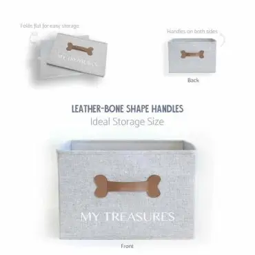 Gray storage box with leather-bone shaped handles and My Treasures text, ideal for organizing.