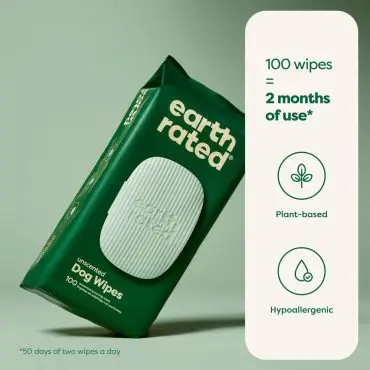 Green Earth Rated dog wipes pack, plant-based and hypoallergenic, 100 wipes for 2 months' use. Eco-friendly pet care.