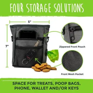 Dog treat bag with a pocket for phone, keys, treats, and poop bags. Features zippered pouch and mesh pocket.