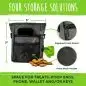 Dog treat bag with a pocket for phone, keys, treats, and poop bags. Features zippered pouch and mesh pocket.