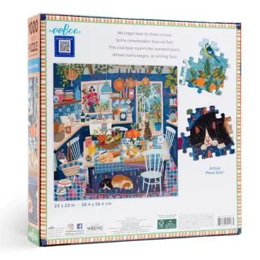 1000-piece puzzle box with a colorful kitchen scene and text about sharing meals; includes sample puzzle pieces.