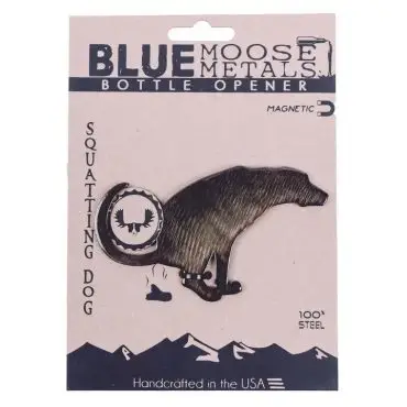 Magnetic squatting dog bottle opener, handcrafted by Blue Moose Metals, USA. Made of 100% steel.
