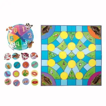 Colorful board game with spinner, animal figures, and tokens on a vibrant, nature-themed game board.