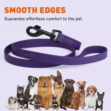 Purple dog leash with smooth edges, ideal for pet comfort, surrounded by various dog breeds.