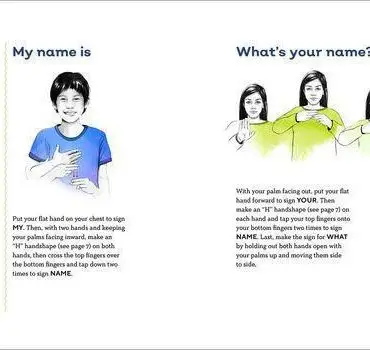 Illustration of people signing Hello, My name is, and What's your name? in sign language with text instructions.