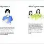 Illustration of people signing Hello, My name is, and What's your name? in sign language with text instructions.