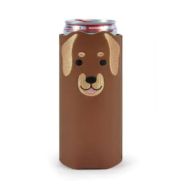 Brown can cooler with cute embroidered dog face design, keeps drinks cold and stylish.