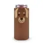 Brown can cooler with cute embroidered dog face design, keeps drinks cold and stylish.